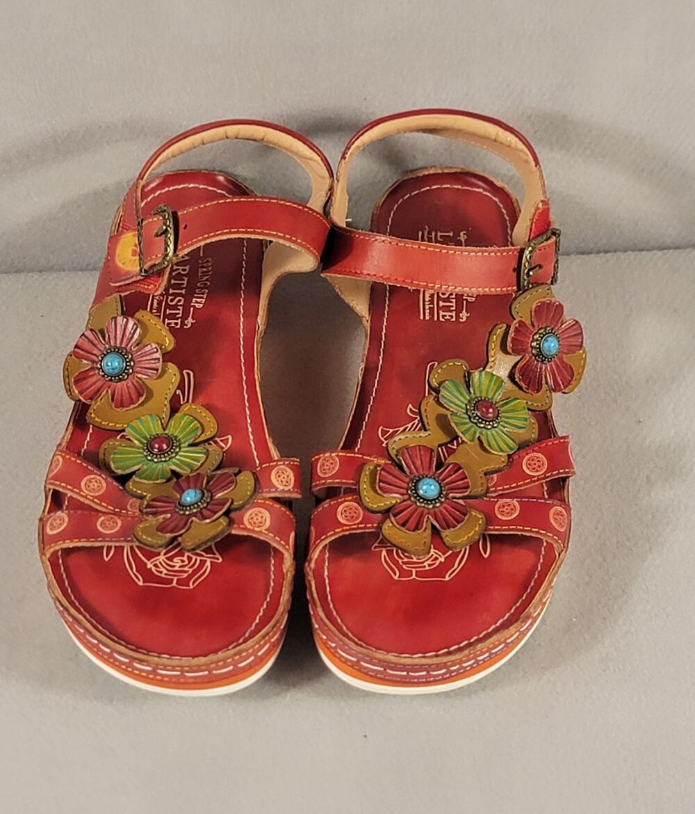 Spring Step L'Artiste Goodie Floral Leather Sandals Red Size 42